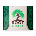 The Root Crate box, closed, with the willow tree logo and green geometric pattern