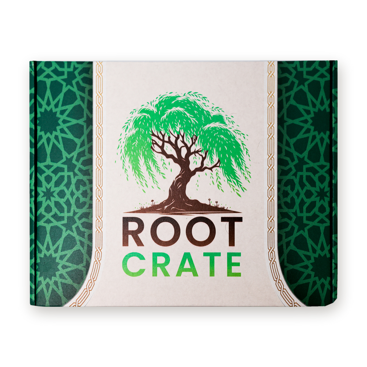 The Root Crate box, closed, with the willow tree logo and green geometric pattern