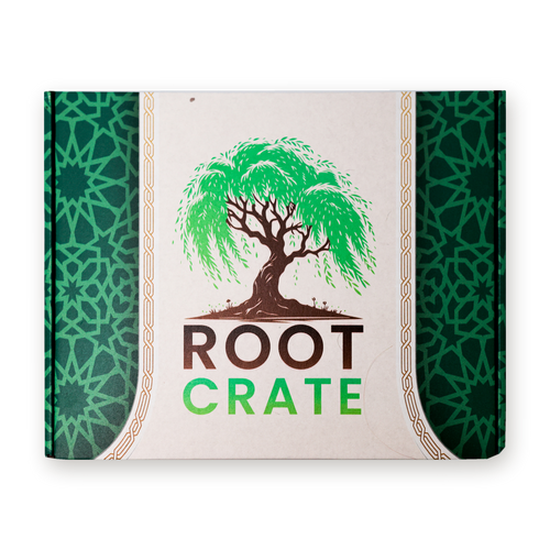 The Root Crate box, closed, with the willow tree logo and green geometric pattern