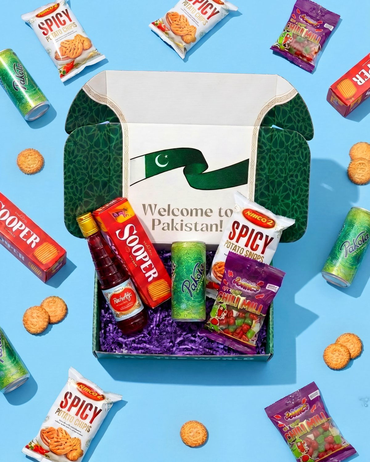 The Root Crate Pakistan crate, opened and styled with its contents (Rooh Afza, Sooper biscuits, Pakola, Chili Mili, and Nimco) scattered around it on a soft blue backdrop.